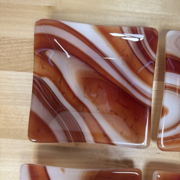 Set of 4 White Orange Red Fused Art Glass Trays 6" by 6" - Picture 4 of 15